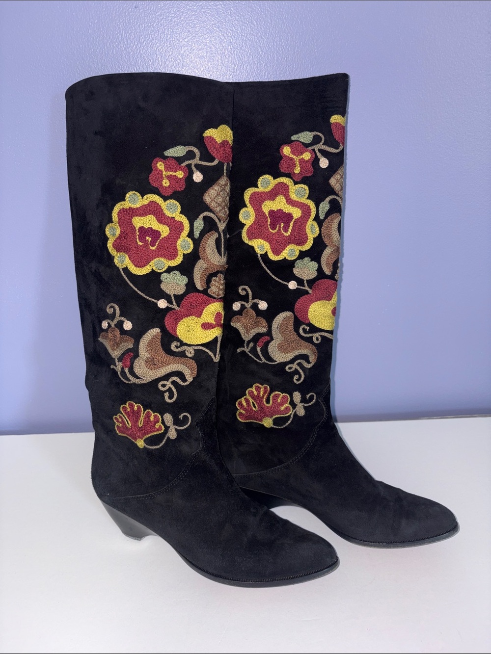 Joan & David Couture Black Suede Floral Embroidered Knee Boots